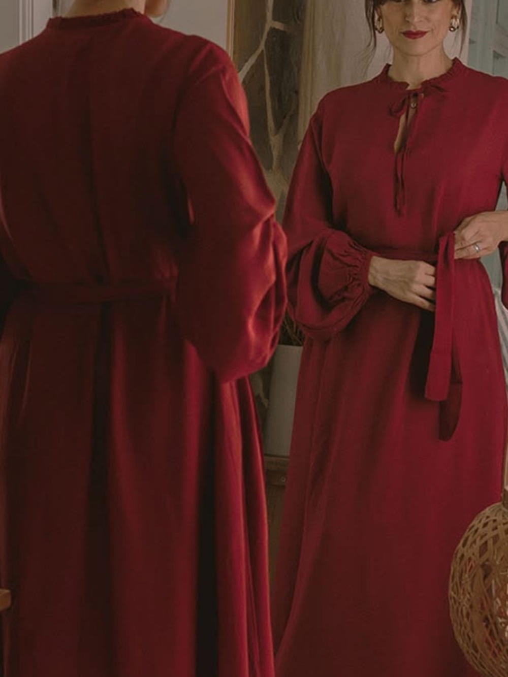 Women's Maxi Tie-Waist Long Sleeve Dress - Red